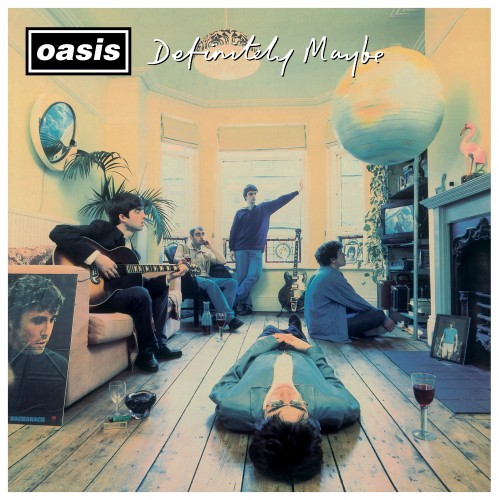 Cover art for Definitely Maybe, showing the band sitting around a room, wine glasses and cigarette packets on the bare wooden floor, Noel on a sofa playing a guitar and Liam lying on the floor
